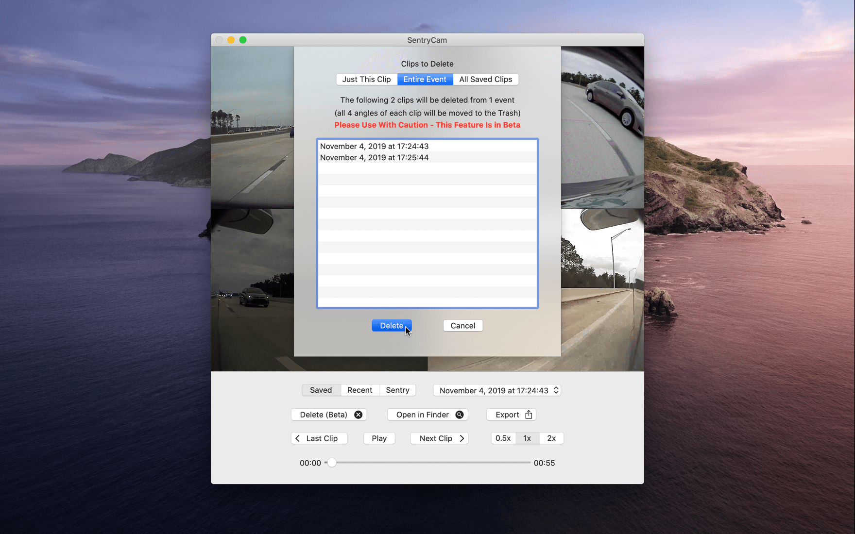 SentryCam delete dialog offering to remove a single clip, an entire event, or all saved clips