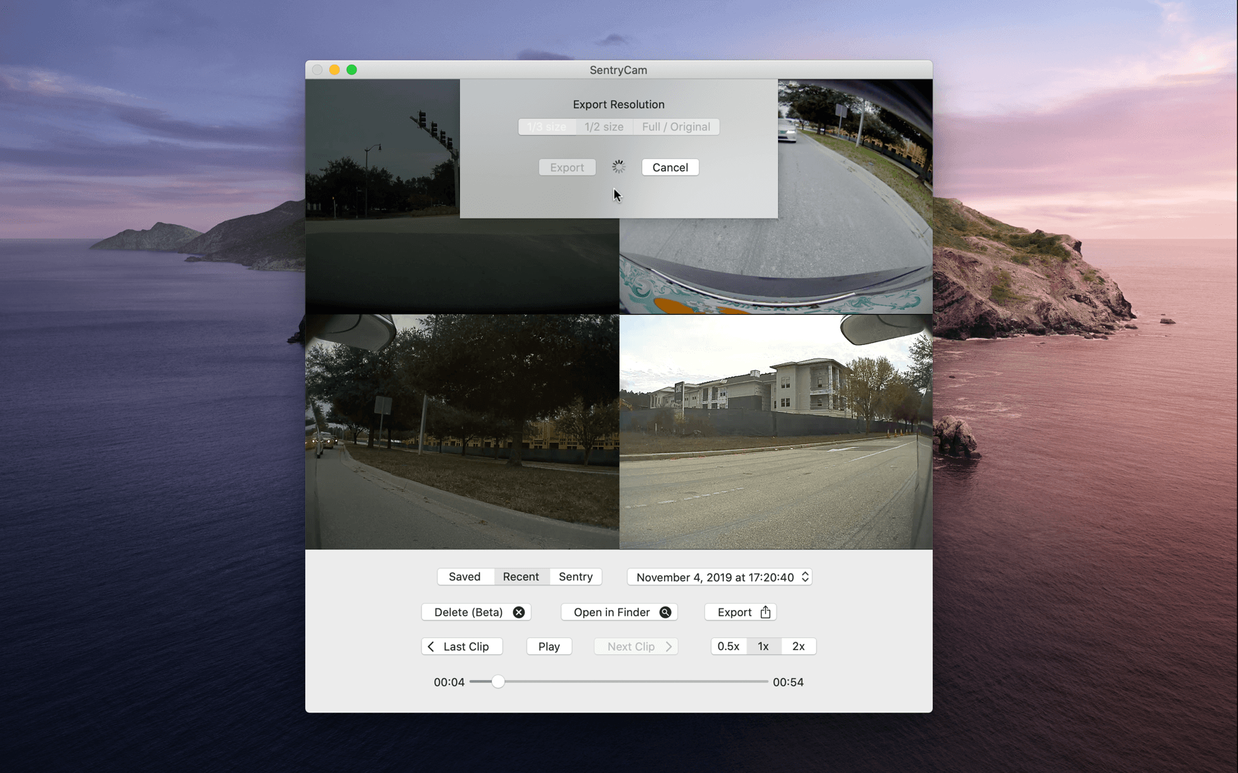 SentryCam export dialog showing resolution options for merging four cameras into one video