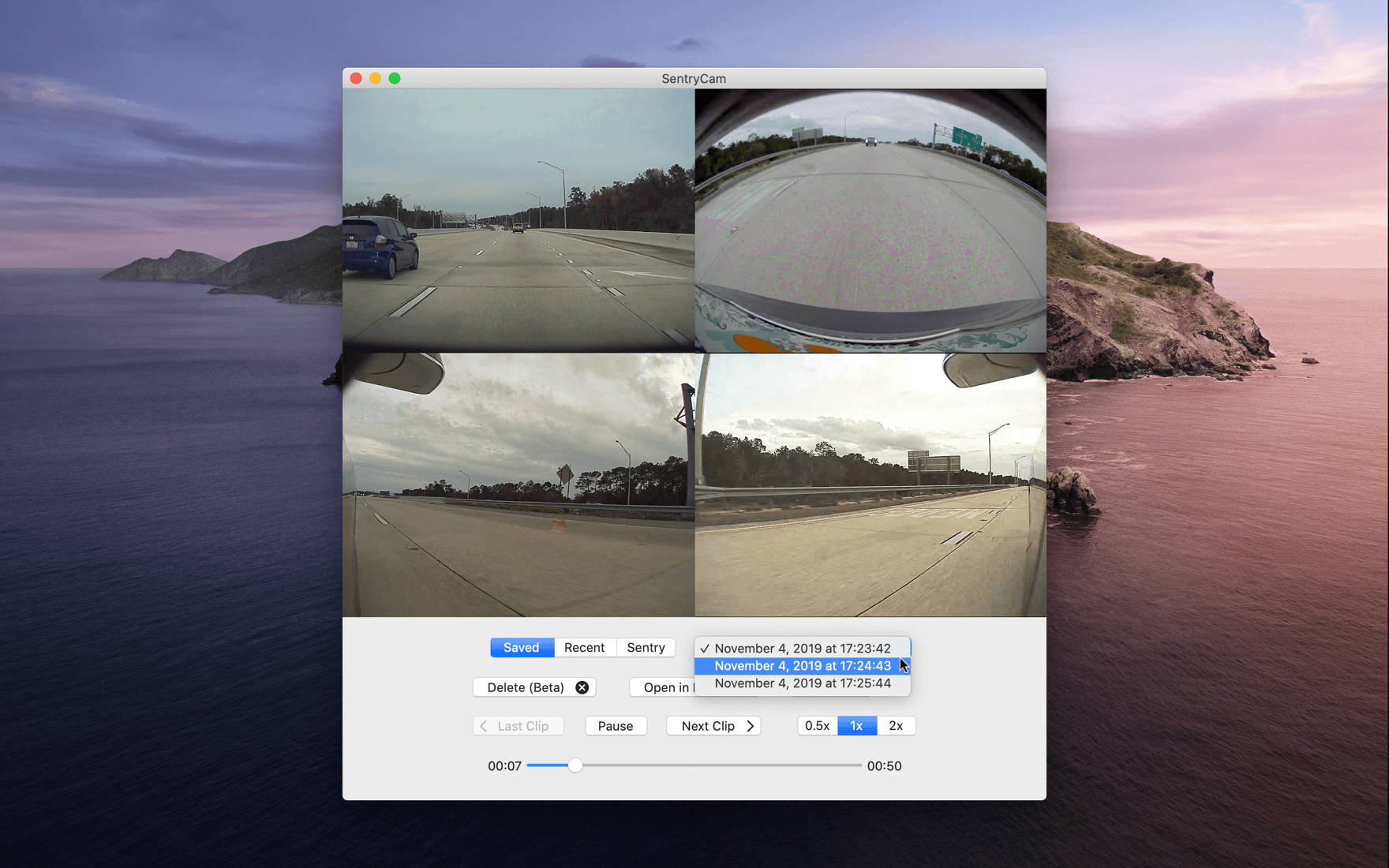 SentryCam playing all four Tesla camera angles in sync with a timeline and Saved, Recent, and Sentry mode toggle